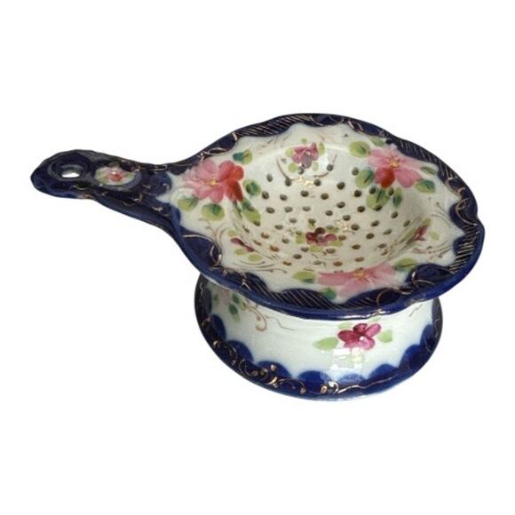 Vintage Tea Strainer and Drip Cup Hand Painted BNavy and Pink Flowers - Picture 10 of 10